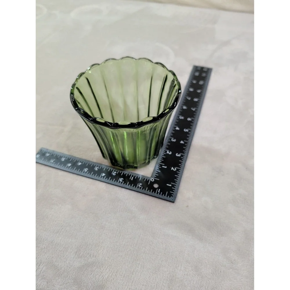 Vintage Green Ribbed Glass‎ Votive Candle Holder Scalloped Rim Emerald 3.5 Inch